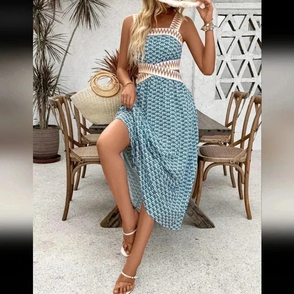 Holiday Casual Printed Patchwork Woven Belt Sleeveless Hollow Out Dr - Picture 3 of 6